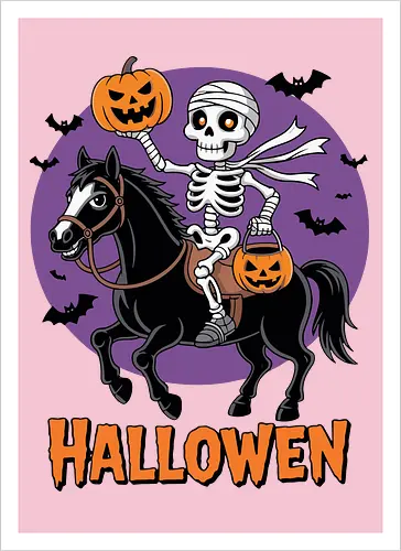 Halloween Skeleton Trick-or-Treating on a Horse Art