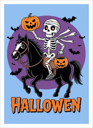 Halloween Skeleton Trick-or-Treating on a Horse Art
