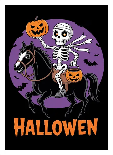 Halloween Skeleton Trick-or-Treating on a Horse Art