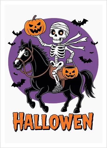 Halloween Skeleton Trick-or-Treating on a Horse Art