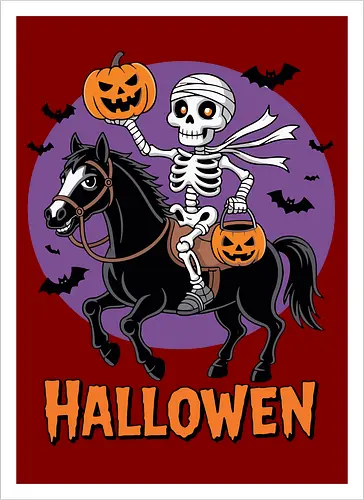 Halloween Skeleton Trick-or-Treating on a Horse Art