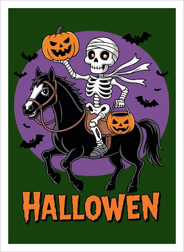 Halloween Skeleton Trick-or-Treating on a Horse Art