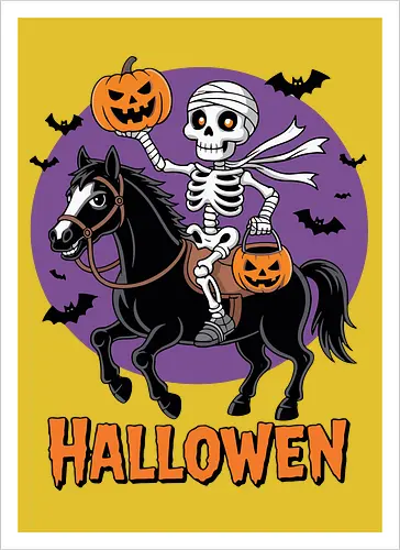 Halloween Skeleton Trick-or-Treating on a Horse Art