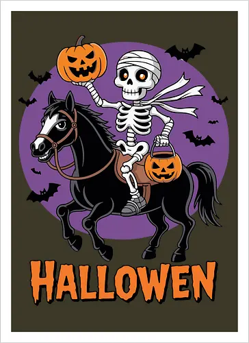 Halloween Skeleton Trick-or-Treating on a Horse Art
