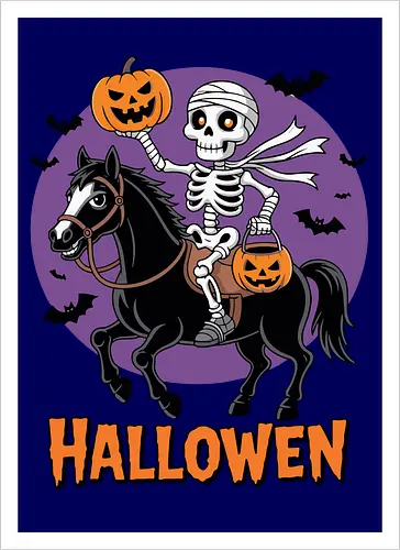 Halloween Skeleton Trick-or-Treating on a Horse Art