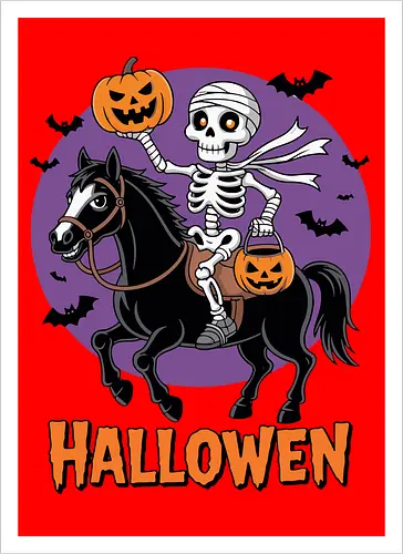 Halloween Skeleton Trick-or-Treating on a Horse Art