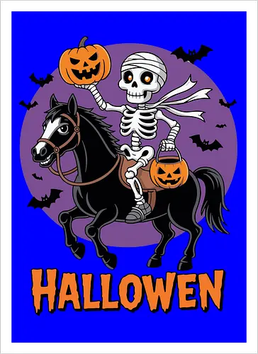Halloween Skeleton Trick-or-Treating on a Horse Art