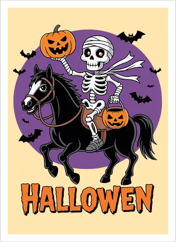Halloween Skeleton Trick-or-Treating on a Horse Art