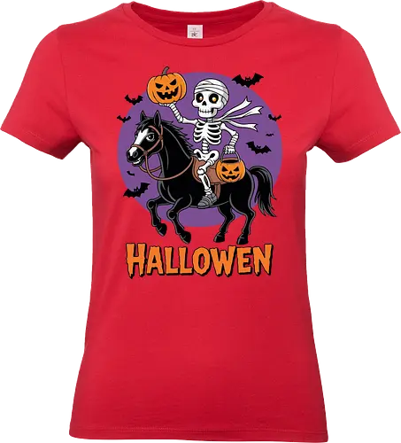 Halloween Skeleton Trick-or-Treating on a Horse Art - Halloween, skeleton, horse, trick-or-treating, spooky, mummy, equestrian, horseback riding, Halloween art, festive, bats, pumpkin, jack-o'-lantern, funny Halloween, Halloween decor, holiday, October, horse lover, skeleton horse rider, classic Halloween - Standard T-Shirt (Frauen)