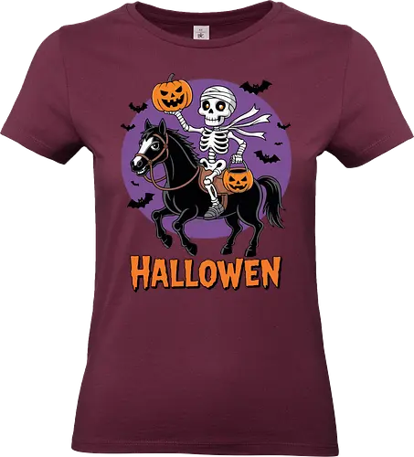 Halloween Skeleton Trick-or-Treating on a Horse Art - Halloween, skeleton, horse, trick-or-treating, spooky, mummy, equestrian, horseback riding, Halloween art, festive, bats, pumpkin, jack-o'-lantern, funny Halloween, Halloween decor, holiday, October, horse lover, skeleton horse rider, classic Halloween - Standard T-Shirt (Frauen)