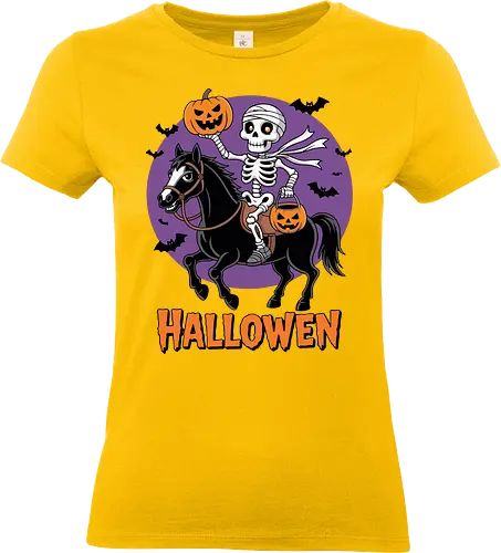 Halloween Skeleton Trick-or-Treating on a Horse Art - Halloween, skeleton, horse, trick-or-treating, spooky, mummy, equestrian, horseback riding, Halloween art, festive, bats, pumpkin, jack-o'-lantern, funny Halloween, Halloween decor, holiday, October, horse lover, skeleton horse rider, classic Halloween - Standard T-Shirt (Frauen)