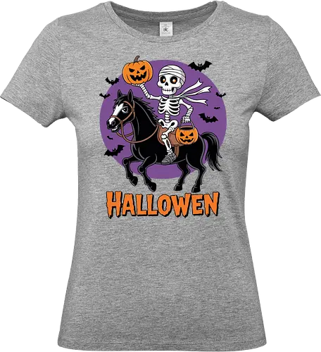 Halloween Skeleton Trick-or-Treating on a Horse Art - Halloween, skeleton, horse, trick-or-treating, spooky, mummy, equestrian, horseback riding, Halloween art, festive, bats, pumpkin, jack-o'-lantern, funny Halloween, Halloween decor, holiday, October, horse lover, skeleton horse rider, classic Halloween - Standard T-Shirt (Frauen)