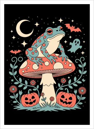 Spooky Cute Halloween Frog on Mushroom 