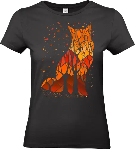 Autumn Fox - autumn, animal, fall, fall season, forest, fox, landscape, leaves, minimalist, nature, negative space, silhouette, trees, warm colors, bare trees - Standard T-Shirt (Frauen)