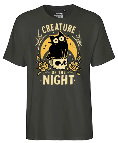 Gothic Night Cat - black cat, skull lover, halloween, spooky cat, creepy cute, gothic vibes, horror cat, creature of the night, witchy, crescent moon, lunar, nocturnal, quirky cat, roses, occult - Fairtrade T-Shirt