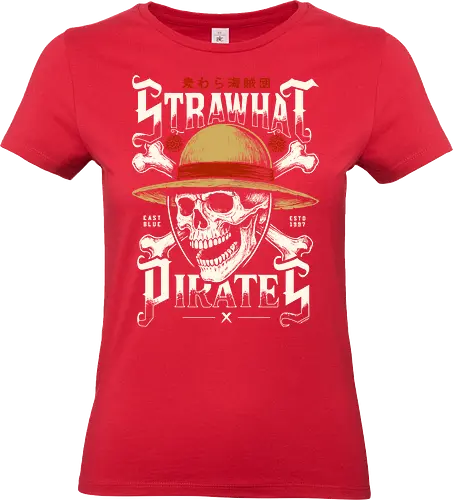 Strohhutpiraten - Jolly Roger - Ästhetik, Anime, Biker, Geek, Geschenk, Illustration, Jolly Roger, pirate, Manga, Monkey D. Ruffy, Motorrad, Mugiwara, Nika, Otaku, Pirat, Felsen, Roger, Totenkopf, Piratenschädel, Strohhut, Piraten-Strohhüte - Standard T-Shirt (Frauen)