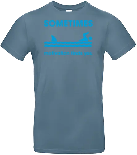 Sometimes Motivation Finds You" Funny Shark Swimmer Art - Motivation, funny quote, shark, swimmer, funny motivation, sometimes motivation finds you, shark fin, humor, witty, sarcastic, scary, funny saying, workout, swimming, joke, funny typography, humorous gift, relatable, dark humor, playful - Standard T-Shirt