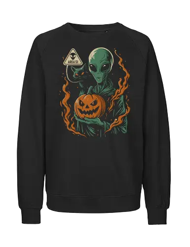 Halloween Area 51 - halloween alien, alien art funny, black cat halloween, cosmic halloween, area 51 halloween, sci-fi halloween art, intergalactic pumpkin, alien halloween tee, funny alien halloween, vintage sci-fi art, halloween gift, halloween retro design, alien with cat, spooky alien design - Fairtrade Sweatshirt