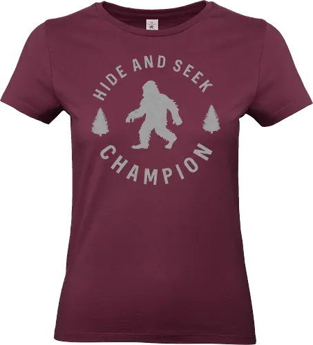 Hide and Seek Champion" Funny Bigfoot Sasquatch Art - Bigfoot, Sasquatch, hide and seek champion, funny Bigfoot, Sasquatch humor, cryptozoology, legend, mystery, forest, wilderness, funny quote, outdoors, camping, hiking, witty, monster, mythical creature, paranormal, Sasquatch art - Standard T-Shirt (Frauen)