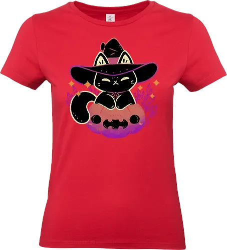 Cute Halloween Cat on Pumpkin - halloween, black cat, pumpkin, witch, creepy cute, spooky cute, witchy, witch hat, purple, goth, kawaii, occult, pink, magic, xmorfina - Standard T-Shirt (Frauen)