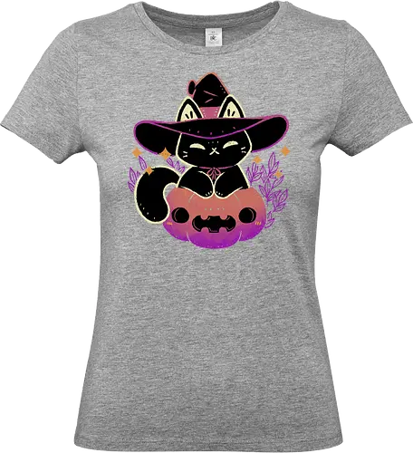 Cute Halloween Cat on Pumpkin - halloween, black cat, pumpkin, witch, creepy cute, spooky cute, witchy, witch hat, purple, goth, kawaii, occult, pink, magic, xmorfina - Standard T-Shirt (Frauen)