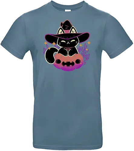 Cute Halloween Cat on Pumpkin - halloween, black cat, pumpkin, witch, creepy cute, spooky cute, witchy, witch hat, purple, goth, kawaii, occult, pink, magic, xmorfina - Standard T-Shirt