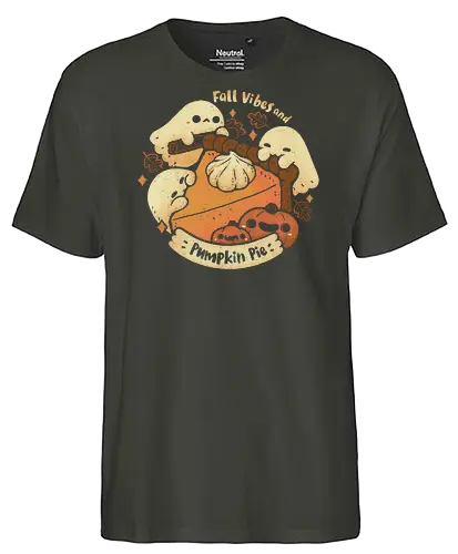 Fall Vibes and Pumpkin Pie Halloween - pumpkin pie, cute ghost, halloween, pumpkin, fall, autumn, warm, food, cake, cinnamon, cozy, kawaii ghost, spooky cute, cream, xmorfina - Fairtrade T-Shirt
