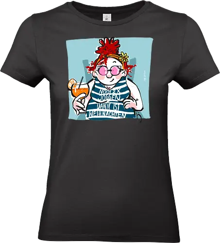 Ringeldinger "Noch 2 x Joggen..." - Humor, Joggen, Sport, Sportmuffel, Selbstironie, Streifenpulli, Spruchshirt deutsch, Ringelpullisprüche, Ringeldinger, streifenweise, Spruch, Weisheit, Motivation, Ringelpulli, Sprüche Shirt, Cartoon Illustration, Statement Shirt, Handgezeichnet - Standard T-Shirt (Frauen)