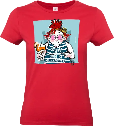 Ringeldinger "Noch 2 x Joggen..." - Humor, Joggen, Sport, Sportmuffel, Selbstironie, Streifenpulli, Spruchshirt deutsch, Ringelpullisprüche, Ringeldinger, streifenweise, Spruch, Weisheit, Motivation, Ringelpulli, Sprüche Shirt, Cartoon Illustration, Statement Shirt, Handgezeichnet - Standard T-Shirt (Frauen)
