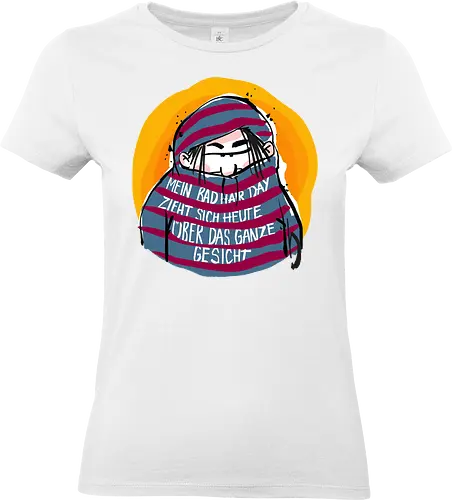 Ringeldinger "Mein Bad Hair Day .." - Ringelpullisprüche, Ringeldinger, streifenweise, Spruch, Weisheit, Motivation, Ringelpulli, Sprüche Shirt, Cartoon Illustration, Badhairday, Style, Beauty, Statement Shirt, Handgezeichnet, Humor, Selbstironie, Streifenpulli, Spruchshirt deutsch - Standard T-Shirt (Frauen)