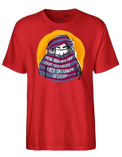 Ringeldinger "Mein Bad Hair Day .." - Ringelpullisprüche, Ringeldinger, streifenweise, Spruch, Weisheit, Motivation, Ringelpulli, Sprüche Shirt, Cartoon Illustration, Badhairday, Style, Beauty, Statement Shirt, Handgezeichnet, Humor, Selbstironie, Streifenpulli, Spruchshirt deutsch - Fairtrade T-Shirt