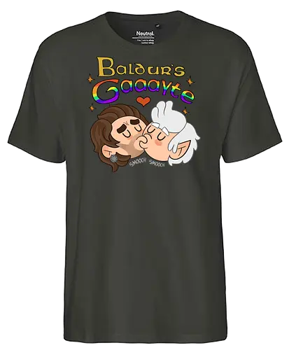 Baldur's Gaaayyyyte - BaldursGate3, BG3FanArt, BaldursGateFanArt, GaleBG3, AstarionBG3, GaleXAstarion, BG3Couple, CuteFanArt, CartoonArt, FantasyArt, RPGArt, LGBTQArt, PrideArt - Fairtrade T-Shirt