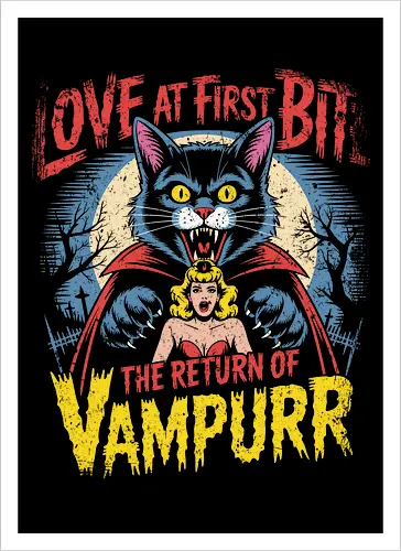 The Return of Vampurr" Funny Vampire Cat Retro Horror Art
