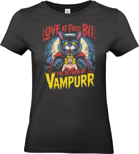 The Return of Vampurr" Funny Vampire Cat Retro Horror Art - Vampurr, vampire cat, funny horror, retro horror, love at first bite, cat lover, horror movie, spooky, Halloween, monster cat, vampire, gothic, pun, humor, horror art, classic monster, funny art, cat humor, cat pun, unique gift - Standard T-Shirt (Frauen)