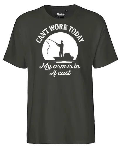 Can't Work Today My Arm is in a Cast" Funny Fishing Art - Fishing, funny fishing, can't work today, my arm is in a cast, fishing pun, humor, witty, angler, fisherman, fishing enthusiast, funny quote, boating, fishing trip, outdoors, hobby, funny saying, typography, fishing art, unique gift, fishing humor - Fairtrade T-Shirt