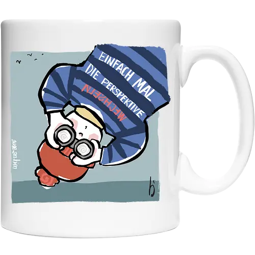 Einfach mal die Perspektive wechseln - Ringelpullisprüche, Ringeldinger, streifenweise, Spruch, Weisheit, Motivation, Ringelpulli, SprücheShirt, Cartoon Illustration, Statement, Handgezeichnet, Perspektive, Persepektivwechsel, Humor, Selbstironie, Streifenpulli, Spruchshirt, deutsch - Keramiktasse
