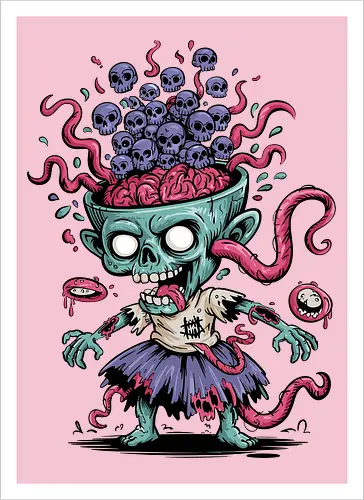 Creepy Zombie with Brain and Skulls Halloween Art