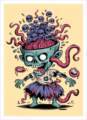 Creepy Zombie with Brain and Skulls Halloween Art