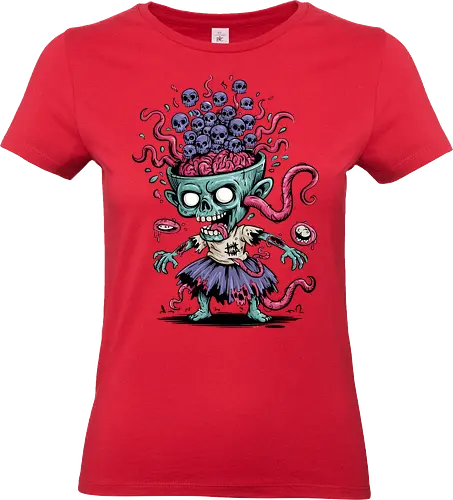Creepy Zombie with Brain and Skulls Halloween Art - Creepy zombie, zombie art, skulls, brain, Halloween, horror, macabre, bizarre, unsettling, cartoon zombie, monster, undead, gore, spooky, Halloween decoration, horror fan, weird art, grotesque, horror illustration, unusual art - Standard T-Shirt (Frauen)