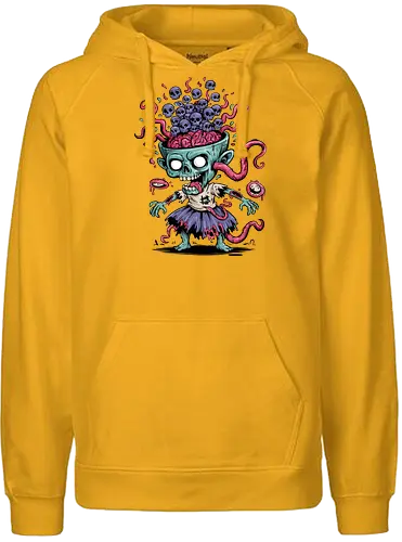 Creepy Zombie with Brain and Skulls Halloween Art - Creepy zombie, zombie art, skulls, brain, Halloween, horror, macabre, bizarre, unsettling, cartoon zombie, monster, undead, gore, spooky, Halloween decoration, horror fan, weird art, grotesque, horror illustration, unusual art - Fairtrade Hoodie