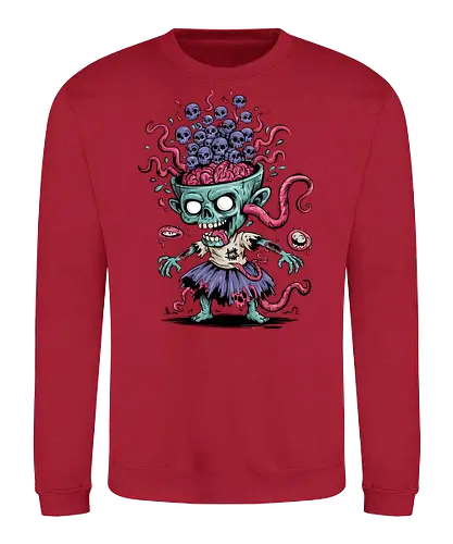 Creepy Zombie with Brain and Skulls Halloween Art - Creepy zombie, zombie art, skulls, brain, Halloween, horror, macabre, bizarre, unsettling, cartoon zombie, monster, undead, gore, spooky, Halloween decoration, horror fan, weird art, grotesque, horror illustration, unusual art - Sweatshirt