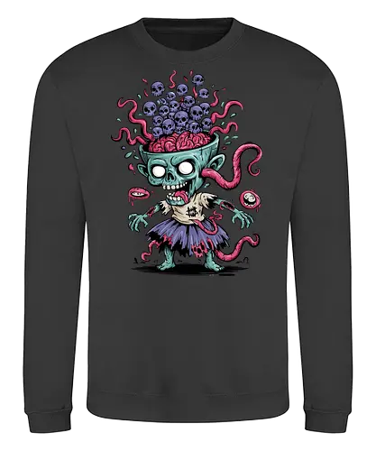 Creepy Zombie with Brain and Skulls Halloween Art - Creepy zombie, zombie art, skulls, brain, Halloween, horror, macabre, bizarre, unsettling, cartoon zombie, monster, undead, gore, spooky, Halloween decoration, horror fan, weird art, grotesque, horror illustration, unusual art - Sweatshirt