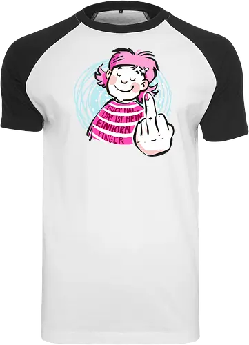 Einhornfinger - Ringelpullisprüche, Ringeldinger, streifenweise, Spruch, Weisheit, Motivation, Ringelpulli, SprücheShirt, Cartoon Illustration, Statement, Einhorn, Mittelfinger, Handgezeichnet, Humor, Selbstironie, Streifenpulli, Spruchshirt, deutsch - Raglan T-Shirt