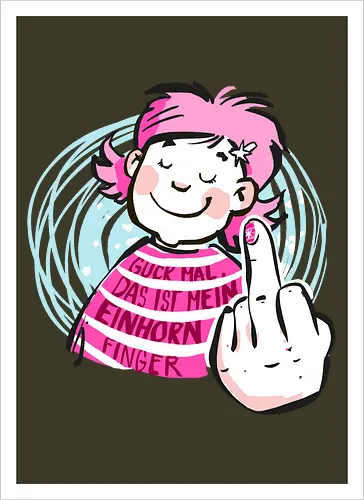 Einhornfinger - Ringelpullisprüche, Ringeldinger, streifenweise, Spruch, Weisheit, Motivation, Ringelpulli, SprücheShirt, Cartoon Illustration, Statement, Einhorn, Mittelfinger, Handgezeichnet, Humor, Selbstironie, Streifenpulli, Spruchshirt, deutsch - Kunstdruck