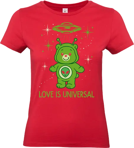 Love Is Universal" Alien Care Bear UFO Parody Art - Love is universal, alien, Care Bear parody, UFO, extraterrestrial, cute, funny, sci-fi, space, nostalgia, 80s, parody, alien bear, beaming up, flying saucer, outer space, universal love, love, ET, whimsical - Standard T-Shirt (Frauen)