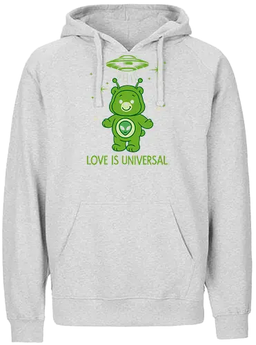 Love Is Universal" Alien Care Bear UFO Parody Art - Love is universal, alien, Care Bear parody, UFO, extraterrestrial, cute, funny, sci-fi, space, nostalgia, 80s, parody, alien bear, beaming up, flying saucer, outer space, universal love, love, ET, whimsical - Fairtrade Hoodie