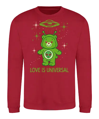 Love Is Universal" Alien Care Bear UFO Parody Art - Love is universal, alien, Care Bear parody, UFO, extraterrestrial, cute, funny, sci-fi, space, nostalgia, 80s, parody, alien bear, beaming up, flying saucer, outer space, universal love, love, ET, whimsical - Sweatshirt