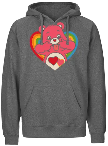Cute Grumpy Heart  with Rainbow Heart Art Print - Care Bear, grumpy, funny, heart, rainbow, cute, sarcastic, fun art, unique design, 80s nostalgia, cartoon, pop culture, retro, anime art, fan merchandise, lovable, whimsical, silly face - Fairtrade Hoodie