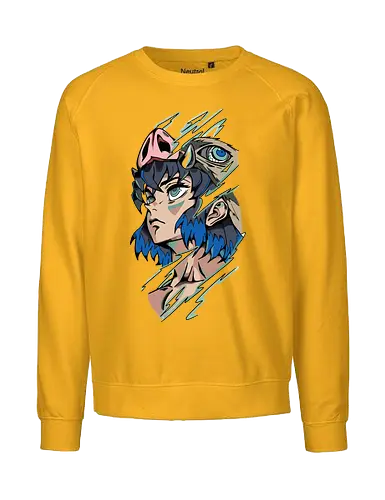  Inosuke Hashibira Unmasked Slayer Anime Art - Inosuke Hashibira, Slayer, Kimetsu no Yaiba, unmasked, boar mask, handsome face, anime, manga, anime art, fan merchandise, Tanjiro Kamado, Zenitsu Agatsuma, Hashibira, shonen, Japanese animation, Inosuke, anime print, iconic, demon slayer corps - Fairtrade Sweatshirt