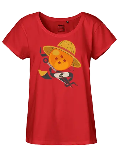 Anime Crossover Dragon Pirate Shinobi Mashup Art - Anime crossover, Dragon, Pirate, Shinobi, shonen, mashup, Dragon Ball Z, Straw Hat, ninja headband, anime art, fan merchandise, Goku, pirate, Naruto Uzumaki, anime fan, fandom, iconic symbols, manga, Japanese animation, epic - Fairtrade Girl Shirt